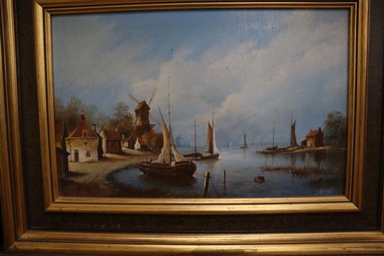 B* Knight (20th century), Dutch canal scene, oil on board, 27 x 42cm and two watercolour dog portraits by Richard Britton (b. 1931), 31